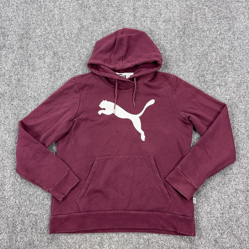 Puma Hoodie Womens Large Purple Fleece Pullover Sweatshirt Cat Logo Kangaroo